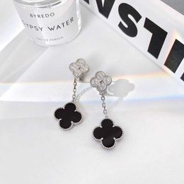 Original brand Van High Edition V Gold Thick Plated 18K Rose Four Leaf Grass Grey Full Diamond Black Agate Ear Patches Female Hanging Studs