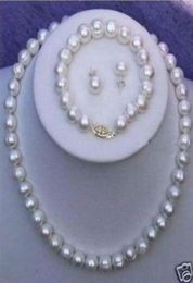 89mm White Cultured Freshwater Pearl Necklace Bracelet Earring Set2897726