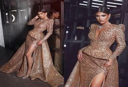 Vintage Long Sleeve Evening Dresses With Gold Sequined Front Side Slit Mermaid Prom Dresses Formal Women Gowns9043986