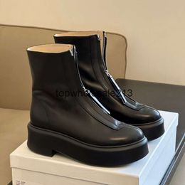 The Row Zipper Top-quality Leather Winter Sponge Front Genuine Cake Thick Sole Thick Heeled Short Boots for Women Liu Wen Same Shoe As Martin Boots