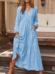 Casual Dresses Vintage Cotton Linen Pocket Swing Loose Long Maxi Dress Spring Autumn Women Solid Party Vestidos JYFS-JY1988