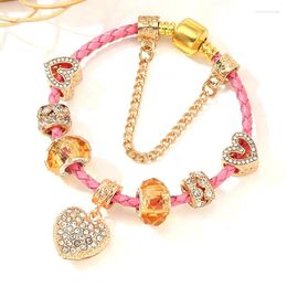 Charm Bracelets Pink Braided Leather Bracelet With Golden Fine Women Wedding Party Ladies DIY Love Beads Girlfriend Gift