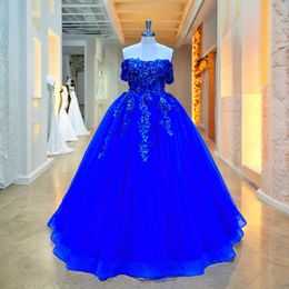 Hire Lnyer Sweetheart Neck Short Sleeve Lace Up Back Sparkly Beads Sequins 3D Flowers Shiny Blue Quinceanera Dresses Real Office Photos Video