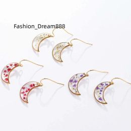 Chandelier Ins Hot Sale Fine Jewelry Pendientes De Mujer Clear Resin Preserved Dried Real Flower Crafts Earrings Moon Shape