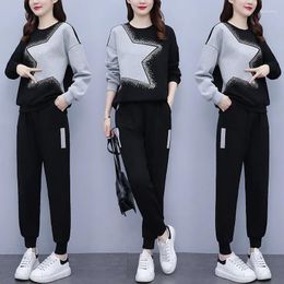 Women's Two Piece Pants Plus Women Sport Black Gray Suit Rhinestone Sweatershirt Top And Pant Set Outfit Cotton Clothes Trousers Tracksuit