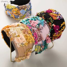 Headbands Ultra Wide Seven Colour Patchwork Sequin Headband Fashion Hair Accessories Women Lace Flower Embroidery Pearls Hairband Hair Band Y240417