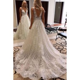 White A Dress Sequined Glitter Line Sleeveless Boho Beach Bridal Gowns Lace Appliques V-Neck Sexy Backless Country Wedding Dresses Bride Robe De Mariee ppliques es