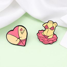 Pink Body Statue Brooches LOVE Pink Heart Butt Rose Flower Girl Sculpture Enamel Pin Badge Brooch Jewellery For Couple Best Friend