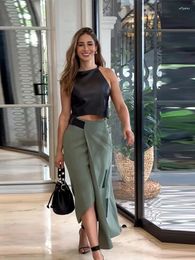 Work Dresses Fashion PU Leather Vest Skirt Sets Women Sleeveless Cropped Tank Tops With Split A-line Skirts Suits Female 2024 Lady Street