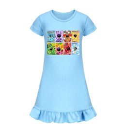 Vestido de verão garotas camisola sorrindo criaturas de desenho animado pijamas para crianças vestido de festa presente para crianças meninas de família vestem 240403