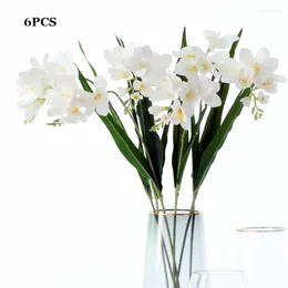 Decorative Flowers 6Pc Long Branch Film Feel Cymbidium Artificial For Wedding Decor Real Touch Fake Home Living Room Floral Orchids