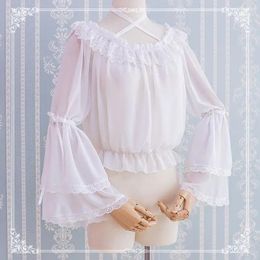 Women's Blouses Women Lolita Chiffon Blouse Crop Top Flare Lace Long Sleeves Halter Neck Undershirt Pleated Frilly Ruffled Off Shoulder