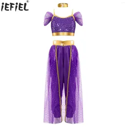 Clothing Sets Kids Girls Arabian Princess Cosplay Costume Halloween Carnival Belly Dance Bodysuit Sleeveless Shiny Sequin Jumpsuit With