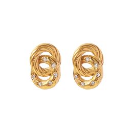 New Titanium Steel Earrings for Women Antique 18K Gold Rings Inlaid with Zircon Fried Dough Twists Double Ring Earrings Evening Party Daily Women Gift