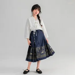 Clothing Sets Summer Children Girl Chinese Two-piece Set School Embroidered Button Top Horse-face Skirt Ancient Style Hanfu For Girls