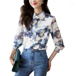 Women's Blouses Ink Painting Halo Dye High Grade Forged Face Chiffon Shirt Ruffle Edge Standing Neck Long Sleeve Temperament Top