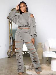 Women's Two Piece Pants Sexy Hollow Out 2 Sets Women Outfit Long Sleeve Elastic Bottom Hemline Crop Top Drawstring Waist Wide Leg Pant