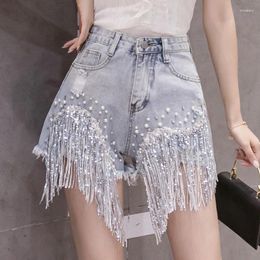 Women's Jeans 2024 Summer Ripped Short Femme High Waist Diamond Tassel Y2k Casual Bottoms For Ladies Denim Shorts Women Clothing Fashion