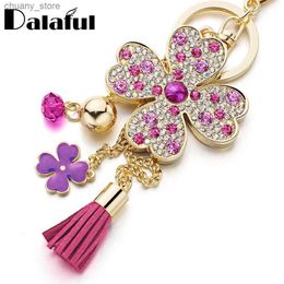 Keychains Lanyards Dalaful Lucky Four Leaves Clover Crystal Key Ring Chains Holder Tassel Bag Buckle Pendant For Car Keyrings KeyChains K304 Y240417