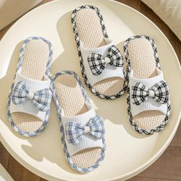 Slippers 2024 Women's Sweet Plaid Bowknot Slides Shoes Soft Flat Non-slip Home Breathable Linen Cotton Fabric