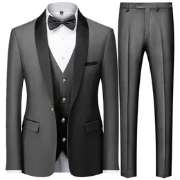 Men's Suits 3 Pcs Set Blazers Jacket Pants Vest / 2024 Fashion Casual Boutique Business Slim Woollen Thin Dress Coat Trousers