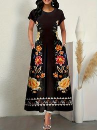 Floral Print Crew Neck Dress Elegant Short Sleeve Dress For Spring Summer Womens Clothing 240415