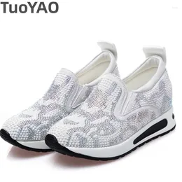 Casual Shoes 7.5cm Rhinestone Lace Air Mesh Women Platform Canvas Wedge Sneakers Slip On Loafers Spring Summer Shoe