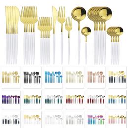 30pcs Set White Gold Cutlery Set 304 Stainless Steel Dinnerware Set Knife Fork Coffe Spoon Dinner Home Kitchen Tableware Sets HH21260W