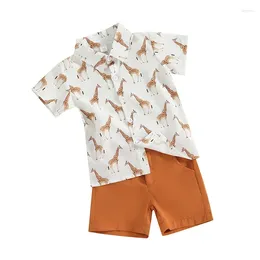 Clothing Sets Toddler Kids Baby Boy Gentleman Outfit Giraffe Print Short Sleeves Button Shirt And Shorts Set For Formal Wear 6M-4T