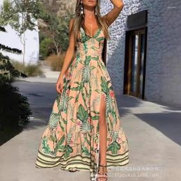 Casual Dresses 2024 Spring Summer Women's Clothing V-neck Printed Waist-Controlled Split Expansion Skirt Dress