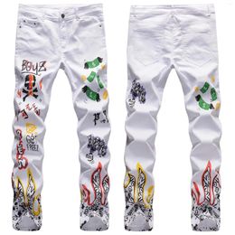 Men's Jeans Fashion Trend White Elastic Printed Non-mainstream Personality Casual Long Pants European And American Style