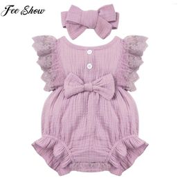 Rompers Baby Girls Cute Bowknot Lace Baptism Romper Flying Sleeve Ruffle Princess Dress Bodysuit With Headband For Birthday Pography