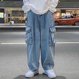 Men's Jeans Men Summer Cargo Multi Pockets Straight Wide Leg Denim Pants Retro Loose Fit Trousers Streetwear d240417