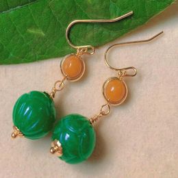 Dangle Earrings Fashion Green Round Hetian Jade Yellow Beads Gold Handmade Clip-on Gemstone Stud Teens Men Minimalist Drop Silver