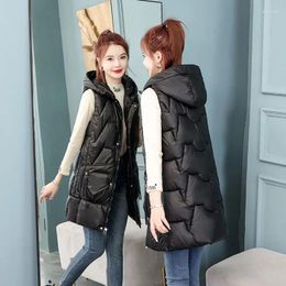 Women's Vests Autumn Down Hooded Vest Women Winter Korean Fashion Mid-Length Waistcoat Female Casual Thick Warm Slim Sleeveless Jacket R032