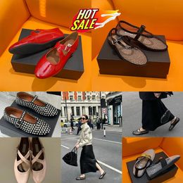 With Box Designer Sandal ballet slipper slider flat shoes dancing Women round toe Rhinestone shoes Luxury leather riveted buckle shoes size 35-40 GAI