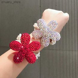 Hair Rubber Bands Full Rhinestone Flower Elastic Hair Bands Shiny Cute Pearl Beaded Bracelet Crystal Petal Rubber Bands Hair Accessories Wholesale Y240417