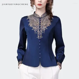 Women's Blouses Luxury Embroidered Ladies Blue Satin Blouse 2024 Spring Summer Long Sleeve Tops Vintage Elegant Slim Cinched Waist Shirts