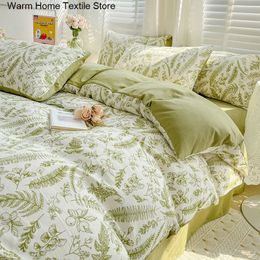 Green Pastoral Floral Leaves Duvet Cover with Pillow Case Bed Sheet Kids Girls Bedding Set King and Queen Linen Ins 240417