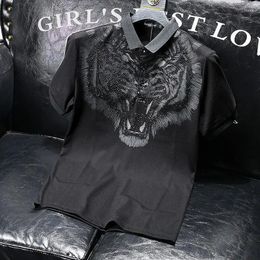 Men's Polos Man With Collar Tee Rhinestones T Shirt For Men Top Drawings Polo Shirts Black Clothes Clothing 2024 Summer