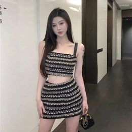 Work Dresses Suits Striped Suspender Vest Women Summer High Waisted Skirt Two-Piece Set