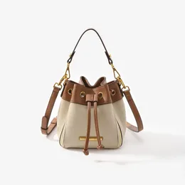 Drawstring Drawcord Leather Bucket Shoulder Bag 2024 Beige Color Lady Crossbody Purse External Zipper Decorate Handbag