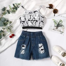 Clothing Sets 3PCS Fashion Set Child Girl Character Print Sleeveless Top Denim Shorts Personality Outfit For Kids 1-4 Years