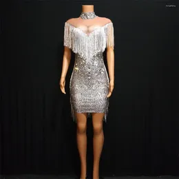 Stage Wear Sparkly Silver Rhinestone Mirror Elastic Fabric Short Dress Women Birthday Play Celebrate Dancer Party Show Vm