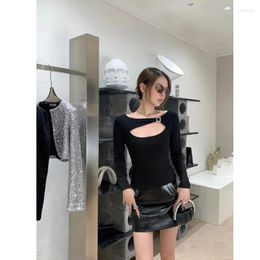 Women's T Shirts Short Sleeved Hollowed-out Pure Cotton Bottom Top Round Neck Slim Fit Black Temperament Exploration 2024