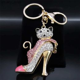 Keychains Lanyards Pink Cat High Heel Shoes Pendant Keychain Gold Colour Rhinestone Keyring Holder Charm Jewellery llaveros para mujer lujo K5236S01 Y240417