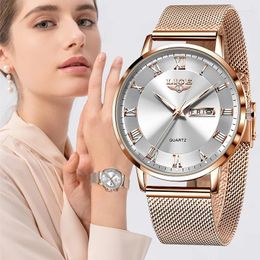 Wristwatches 2024 LIGE Luxury Ladies Watch Women Waterproof Rose Gold Steel Strap Wristwatch Top Brand Bracelet Clocks Relogio Feminino