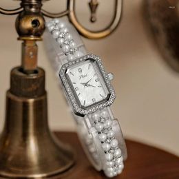 Wristwatches Small Rectangular Dial Trend Pearl Strap Women's White Watch For Girls Watches Luxury Accessories Women Quartz