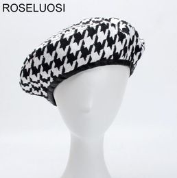 ROSELUOSI Autumn Winter Fashion Houndstooth Berets Hats For Women Black White Bonia Caps Female Gorras S181017089314928