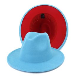 New Outer Lake Blue Inner Red Wool Felt Fedora Hat Doublesided Patchwork Formal Dress Wedding Women Hats Felted Classic Jazz Cap9763037